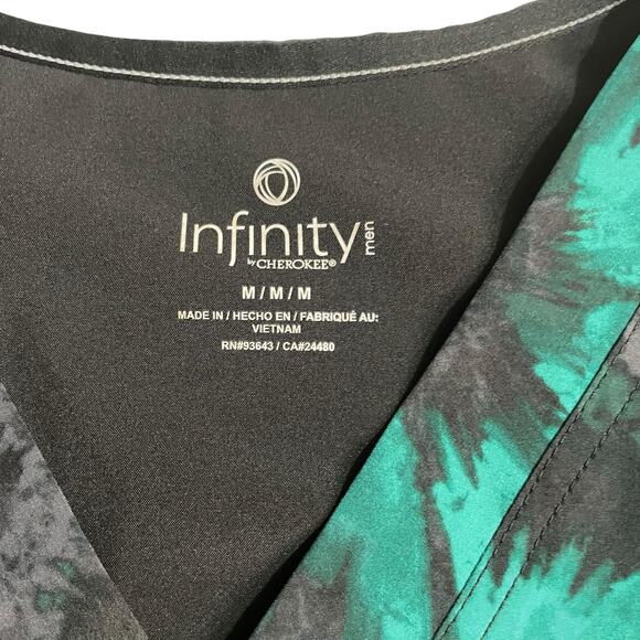 Cherokee Infinity Mens Scrub Top Size Medium Green Black Texture Burst 1 Pocket - Picture 3 of 7